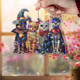 Halloween Cats Acrylic Suncatcher, Stained Glass Style Witch Mummy Vampire Skeleton Cat Window Hanging, Spooky Fall Home Decor Gift